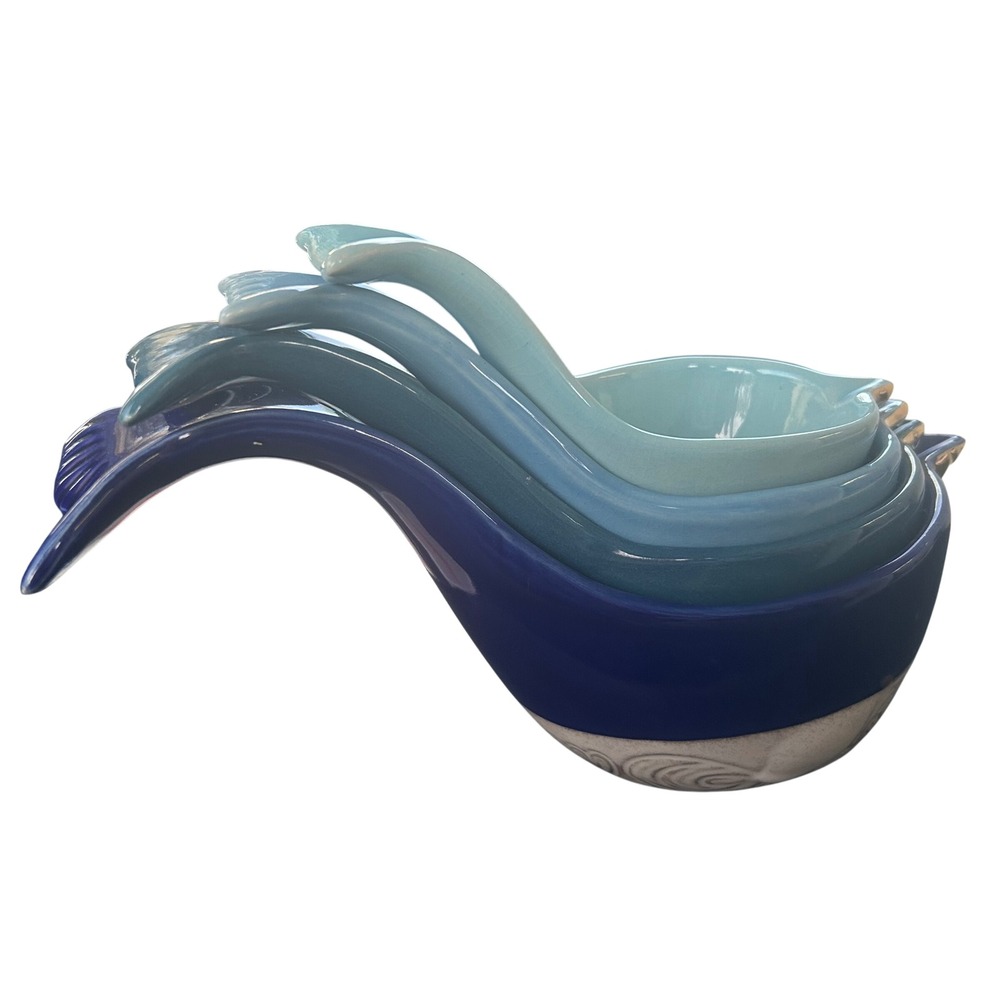 Cracker Barrel Blue Whale Ceramic Nesting Measuring Cups 4 Piece Set Coastal